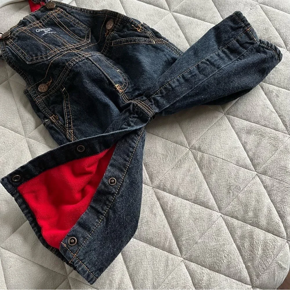 OshKosh B’Gosh Baby Favorite Dark Denim Red Fleece Lined Overalls Size 9 Months
